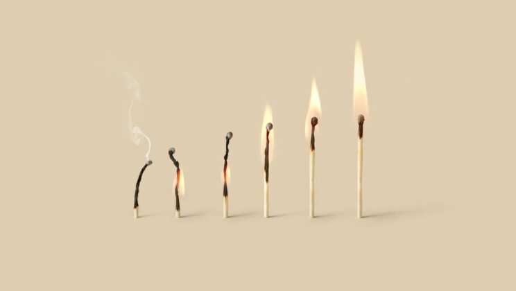 Burning wooden matches set with varying level of burnout