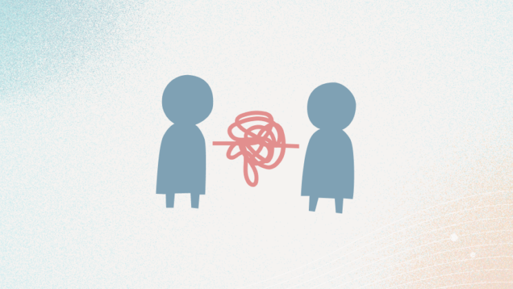 Graphic of two grey silhouette figures with tangled lines between them.