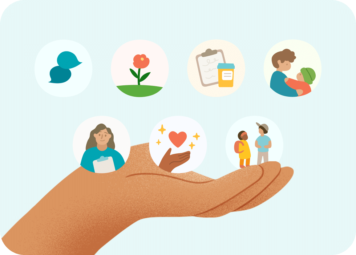 hands with different care option icons above it