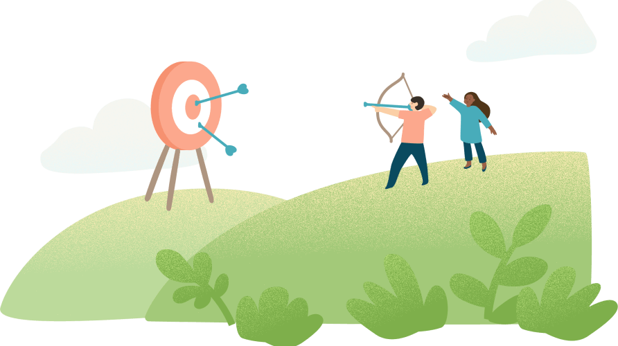 illustration of man and woman doing archery aiming at target